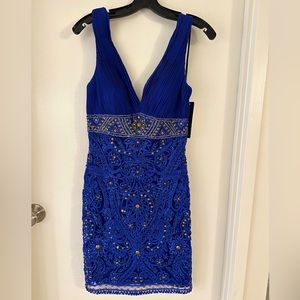 NWT- SUE WONG SZ 6 Sapphire Blue Dressy Dress with brass-gold accents